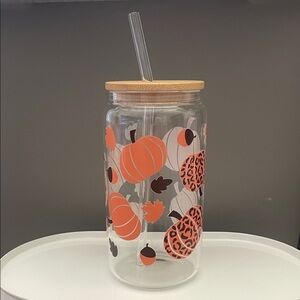 Pumpkin Themed Glass Tumbler with Straw